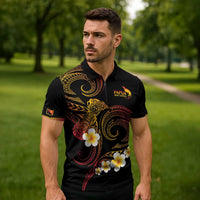 Personalised Papua New Guinea Sepik Zipper Polo Shirt Plumeria Floral Tribal Pattern - Polynesian Pride