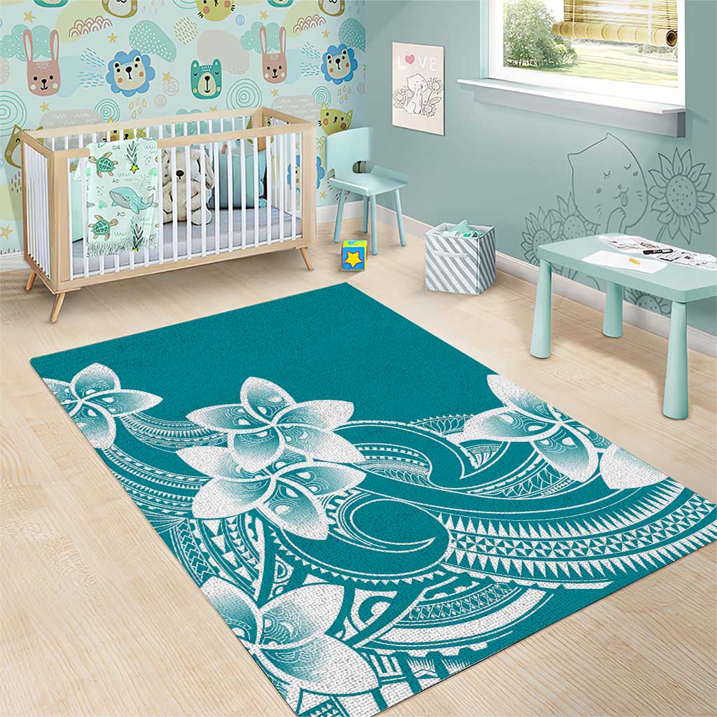 Polynesian Plumeria Flowers Tribal Area Rug Pacific Tattoo Teal Style - Polynesian Pride