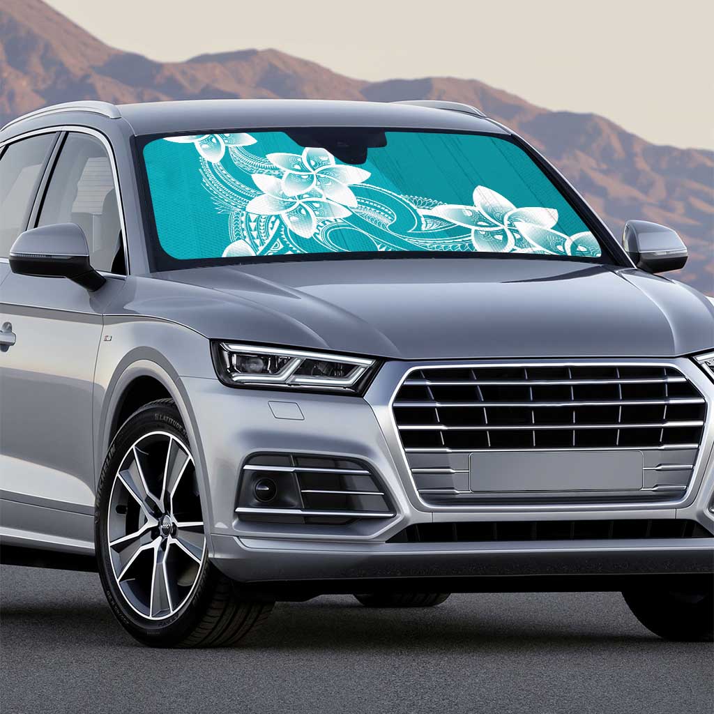 Polynesian Plumeria Flowers Tribal Auto Sun Shade Pacific Tattoo Teal Style - Polynesian Pride