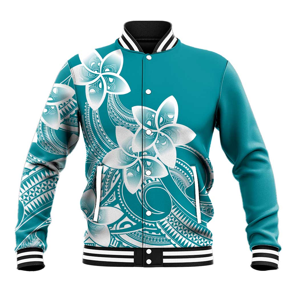 Polynesian Plumeria Flowers Tribal Baseball Jacket Pacific Tattoo Teal Style - Polynesian Pride
