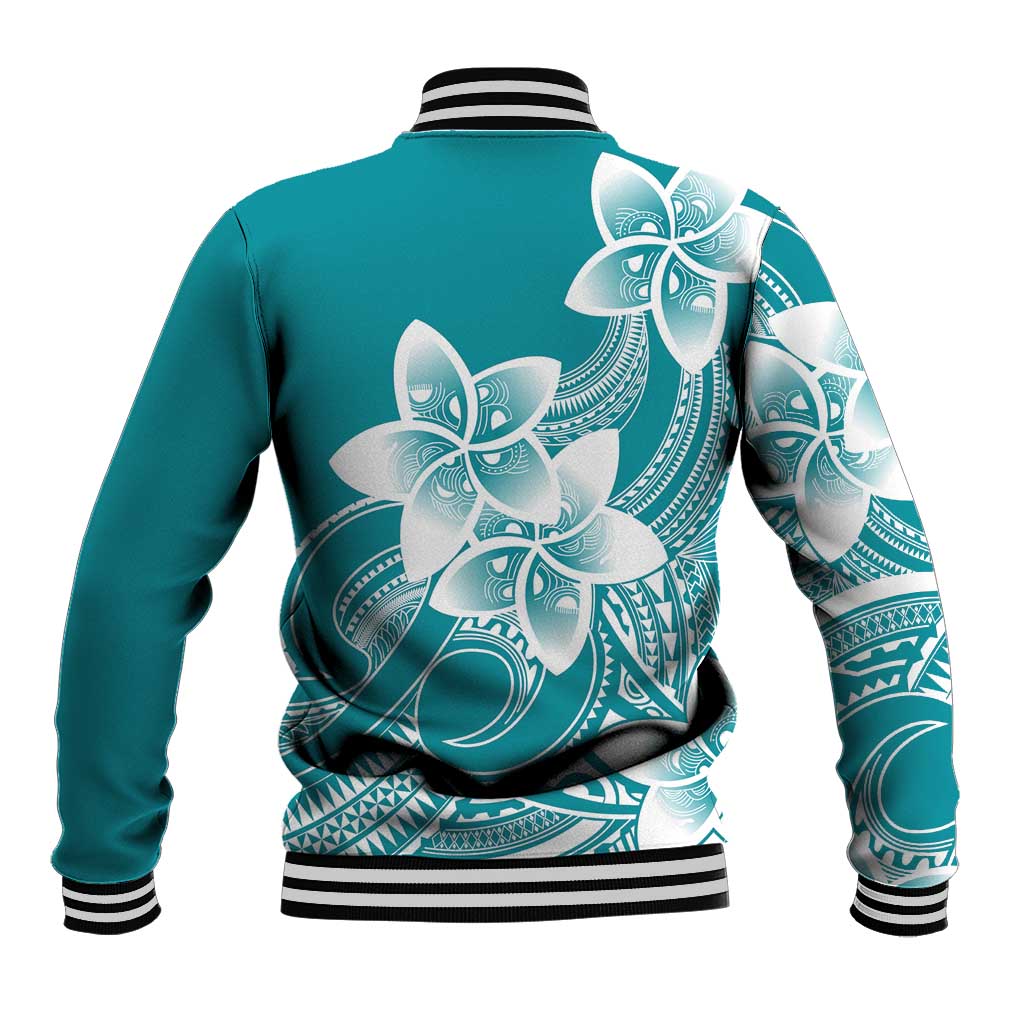 Polynesian Plumeria Flowers Tribal Baseball Jacket Pacific Tattoo Teal Style - Polynesian Pride