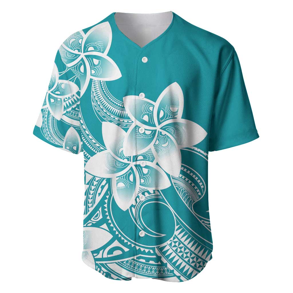 Polynesian Plumeria Flowers Tribal Baseball Jersey Pacific Tattoo Teal Style - Polynesian Pride