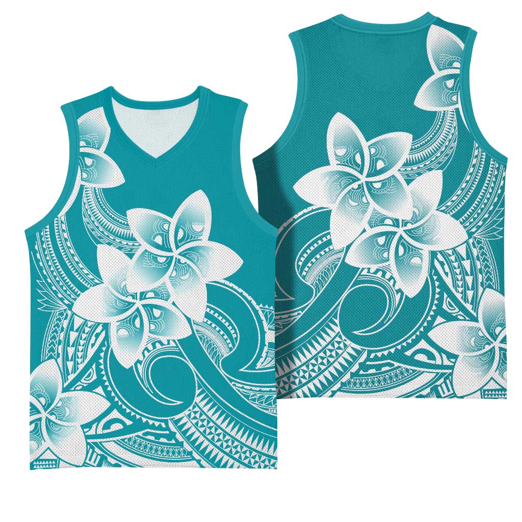 Polynesian Plumeria Flowers Tribal Basketball Jersey Pacific Tattoo Teal Style - Polynesian Pride