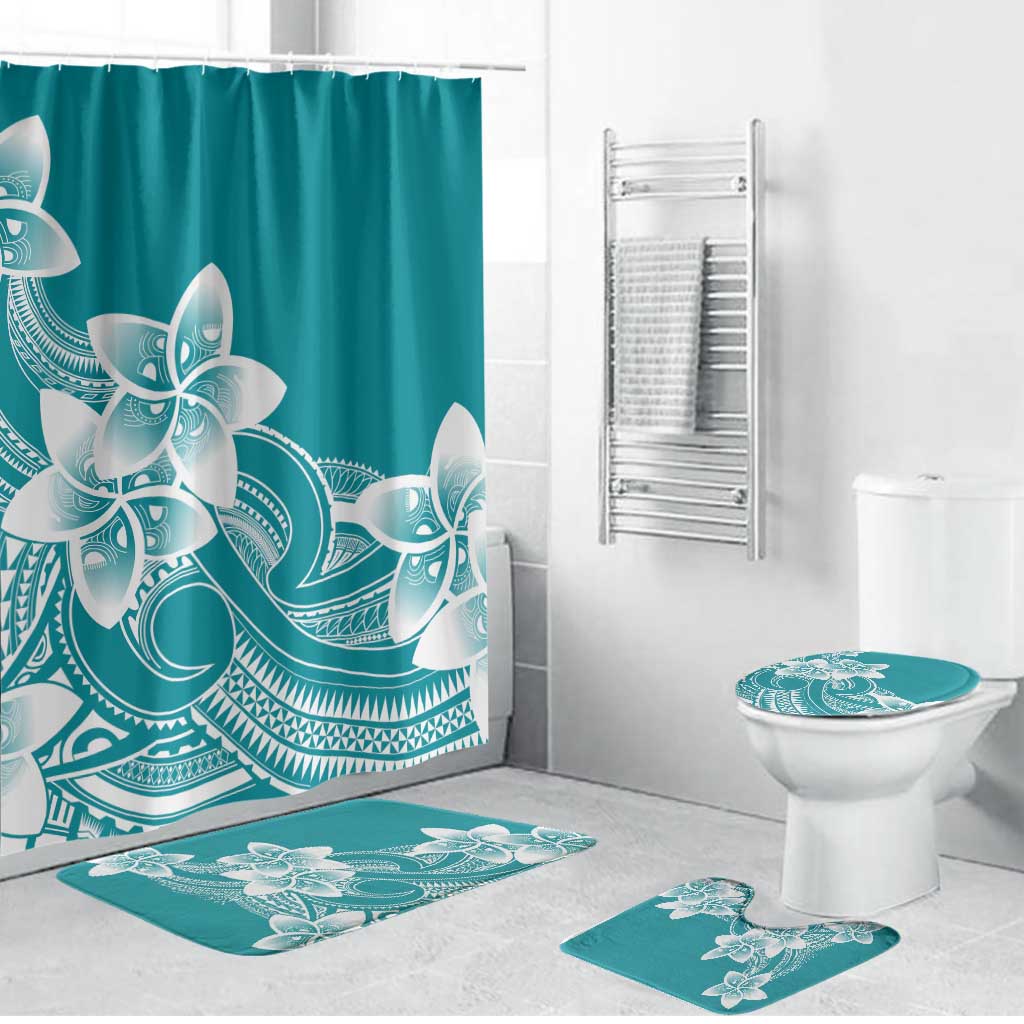 Polynesian Plumeria Flowers Tribal Bathroom Set Pacific Tattoo Teal Style - Polynesian Pride