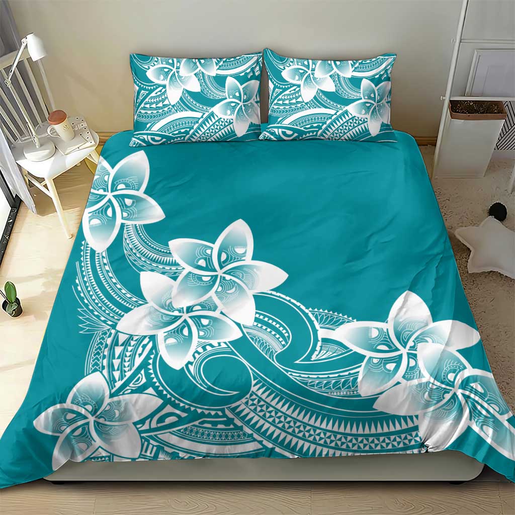 Polynesian Plumeria Flowers Tribal Bedding Set Pacific Tattoo Teal Style - Polynesian Pride