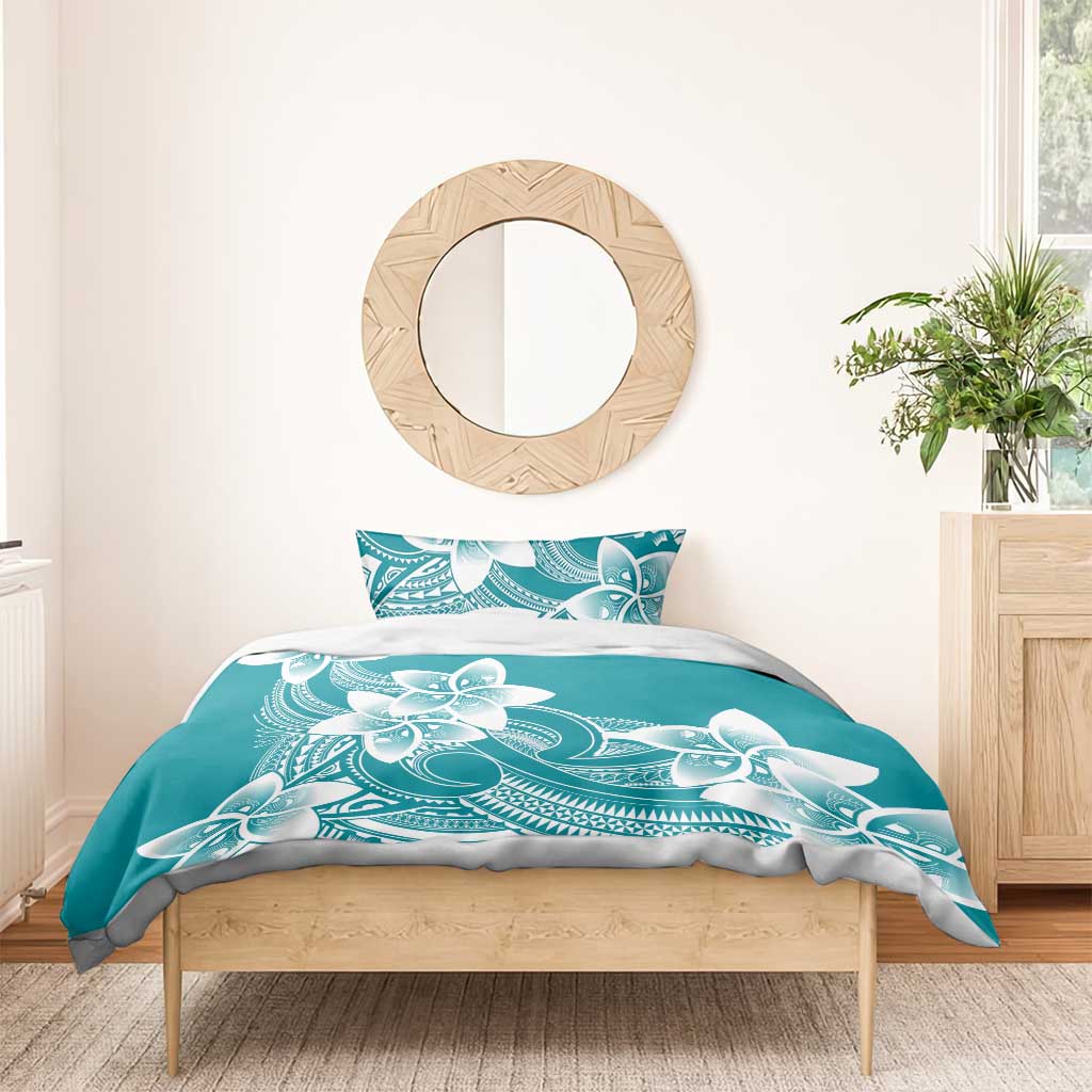 Polynesian Plumeria Flowers Tribal Bedding Set Pacific Tattoo Teal Style - Polynesian Pride