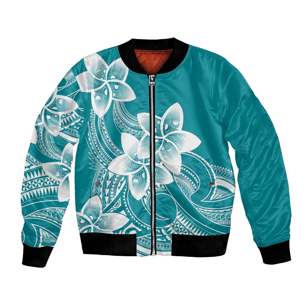 Polynesian Plumeria Flowers Tribal Bomber Jacket Pacific Tattoo Teal Style - Polynesian Pride