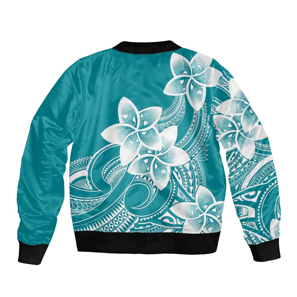 Polynesian Plumeria Flowers Tribal Bomber Jacket Pacific Tattoo Teal Style - Polynesian Pride