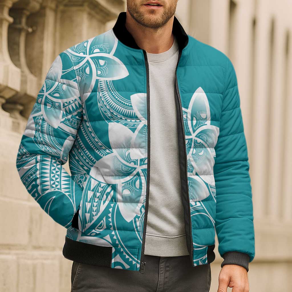 Polynesian Plumeria Flowers Tribal Bomber Puffer Jacket Pacific Tattoo Teal Style - Polynesian Pride