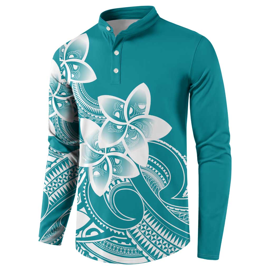 Polynesian Plumeria Flowers Tribal Button Sweatshirt Pacific Tattoo Teal Style - Polynesian Pride