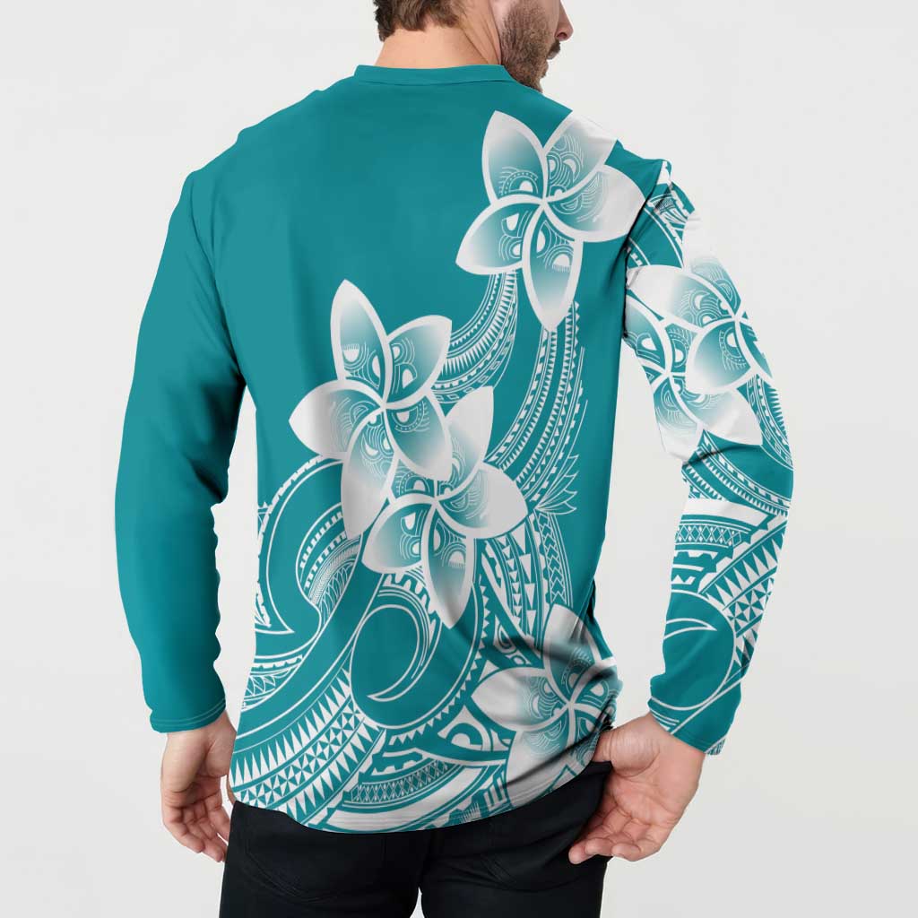 Polynesian Plumeria Flowers Tribal Button Sweatshirt Pacific Tattoo Teal Style - Polynesian Pride