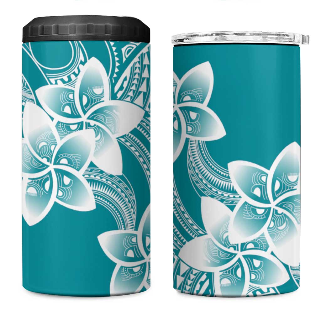 Polynesian Plumeria Flowers Tribal 4 in 1 Can Cooler Tumbler Pacific Tattoo Teal Style - Polynesian Pride