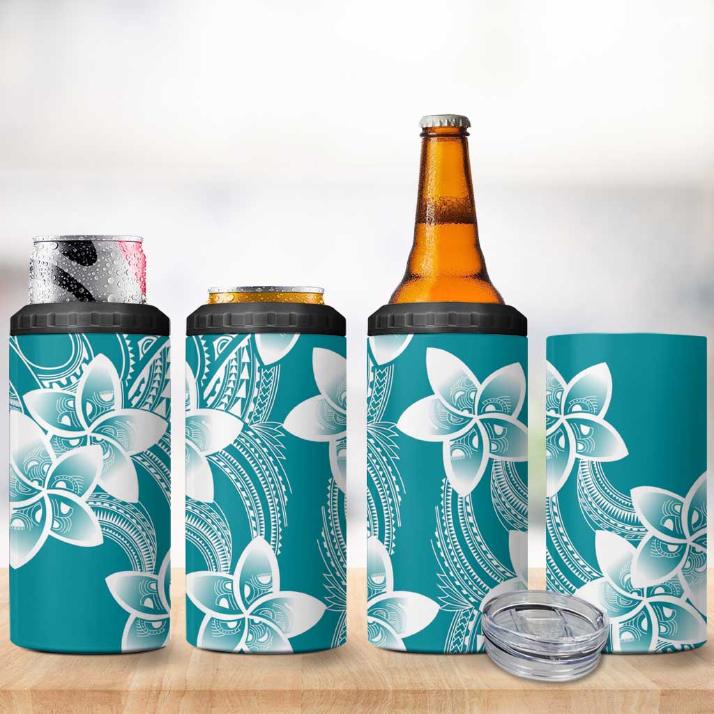 Polynesian Plumeria Flowers Tribal 4 in 1 Can Cooler Tumbler Pacific Tattoo Teal Style - Polynesian Pride