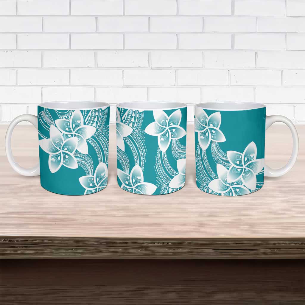 Polynesian Plumeria Flowers Tribal Ceramic Mug Pacific Tattoo Teal Style - Polynesian Pride