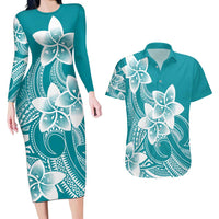Polynesian Plumeria Flowers Tribal Couples Matching Long Sleeve Bodycon Dress and Hawaiian Shirt Pacific Tattoo Teal Style - Polynesian Pride