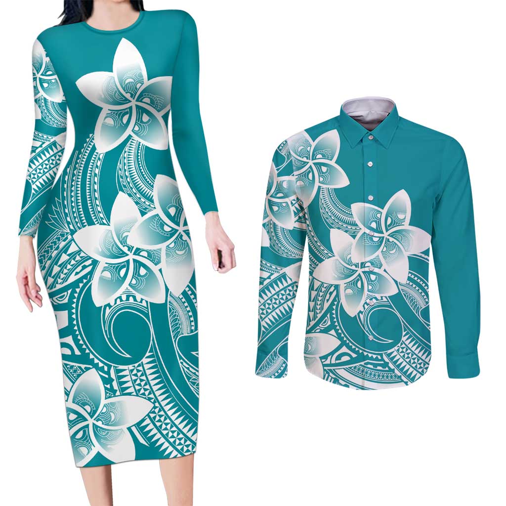 Polynesian Plumeria Flowers Tribal Couples Matching Long Sleeve Bodycon Dress and Long Sleeve Button Shirt Pacific Tattoo Teal Style - Polynesian Pride