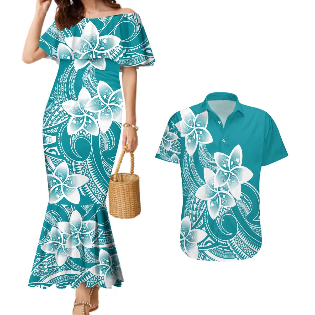 Polynesian Plumeria Flowers Tribal Couples Matching Mermaid Dress and Hawaiian Shirt Pacific Tattoo Teal Style - Polynesian Pride