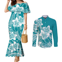 Polynesian Plumeria Flowers Tribal Couples Matching Mermaid Dress and Long Sleeve Button Shirt Pacific Tattoo Teal Style - Polynesian Pride