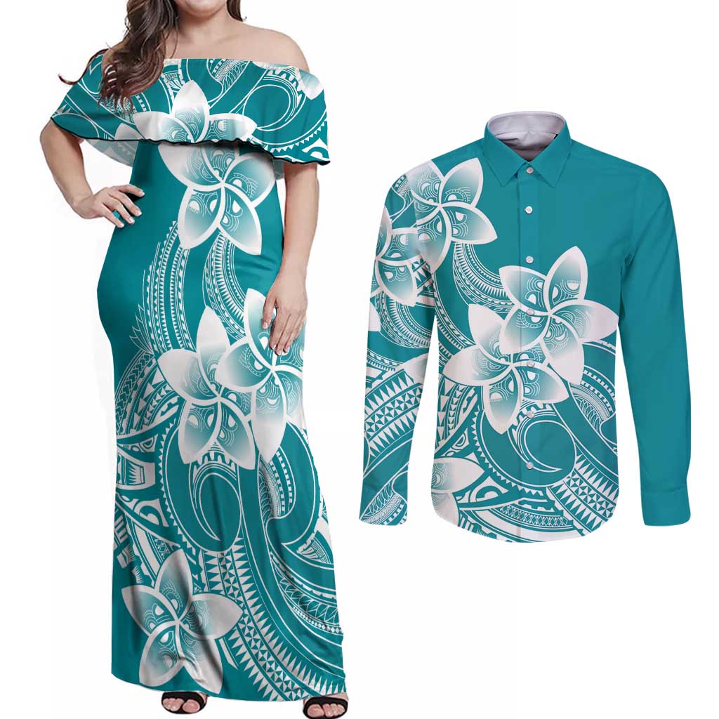 Polynesian Plumeria Flowers Tribal Couples Matching Off Shoulder Maxi Dress and Long Sleeve Button Shirt Pacific Tattoo Teal Style - Polynesian Pride