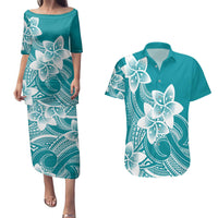 Polynesian Plumeria Flowers Tribal Couples Matching Puletasi and Hawaiian Shirt Pacific Tattoo Teal Style - Polynesian Pride