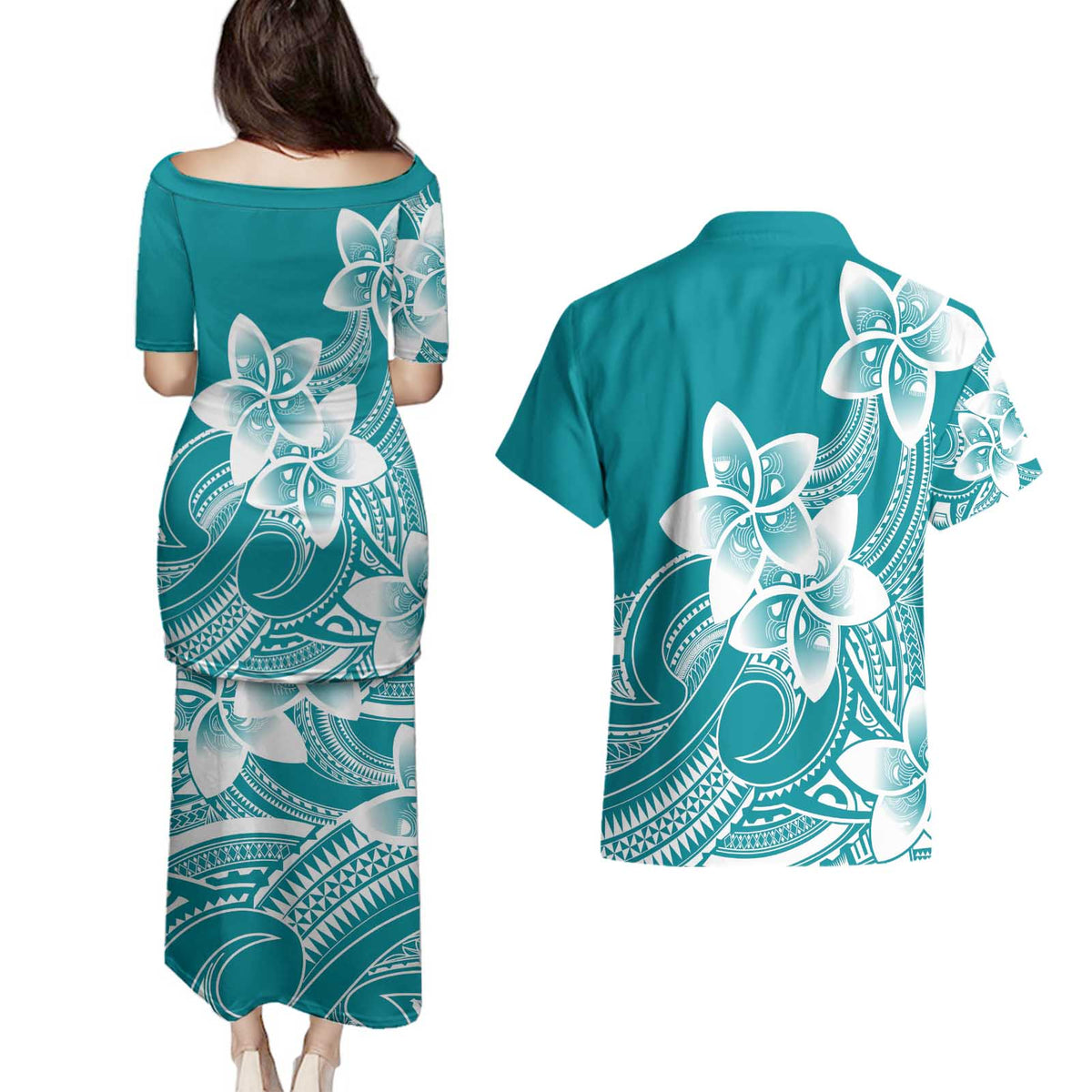 Polynesian Plumeria Flowers Tribal Couples Matching Puletasi and Hawaiian Shirt Pacific Tattoo Teal Style - Polynesian Pride
