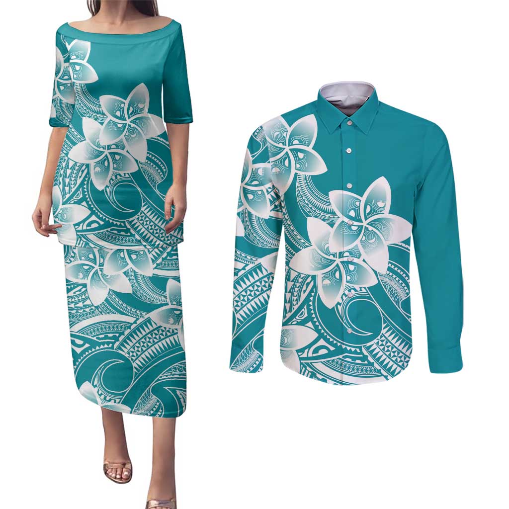 Polynesian Plumeria Flowers Tribal Couples Matching Puletasi and Long Sleeve Button Shirt Pacific Tattoo Teal Style - Polynesian Pride