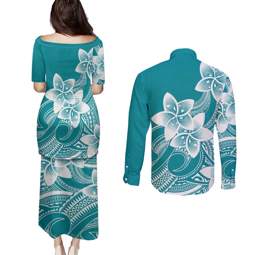 Polynesian Plumeria Flowers Tribal Couples Matching Puletasi and Long Sleeve Button Shirt Pacific Tattoo Teal Style - Polynesian Pride