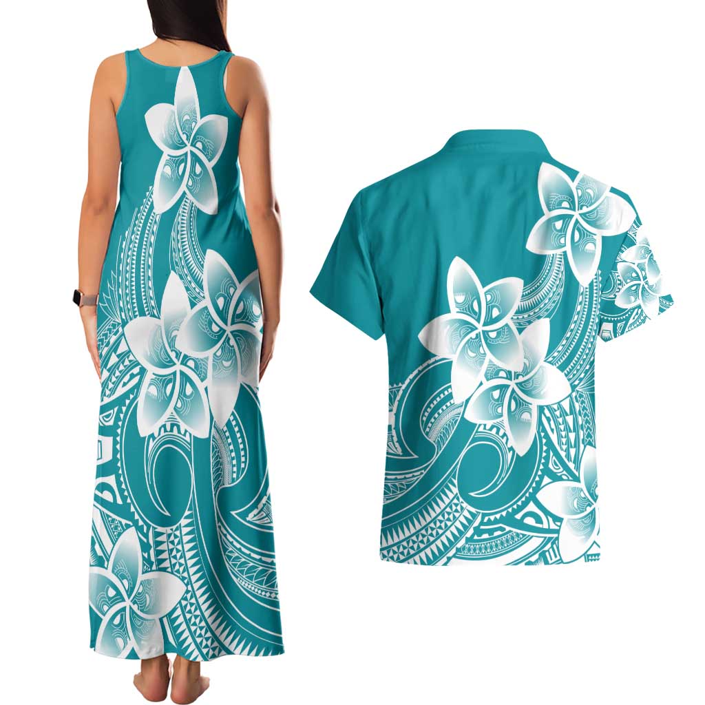 Polynesian Plumeria Flowers Tribal Couples Matching Tank Maxi Dress and Hawaiian Shirt Pacific Tattoo Teal Style - Polynesian Pride