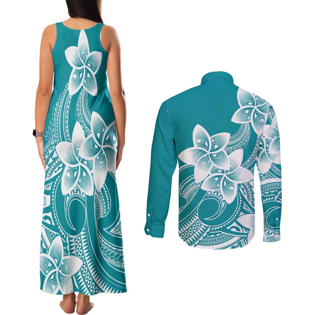 Polynesian Plumeria Flowers Tribal Couples Matching Tank Maxi Dress and Long Sleeve Button Shirt Pacific Tattoo Teal Style - Polynesian Pride