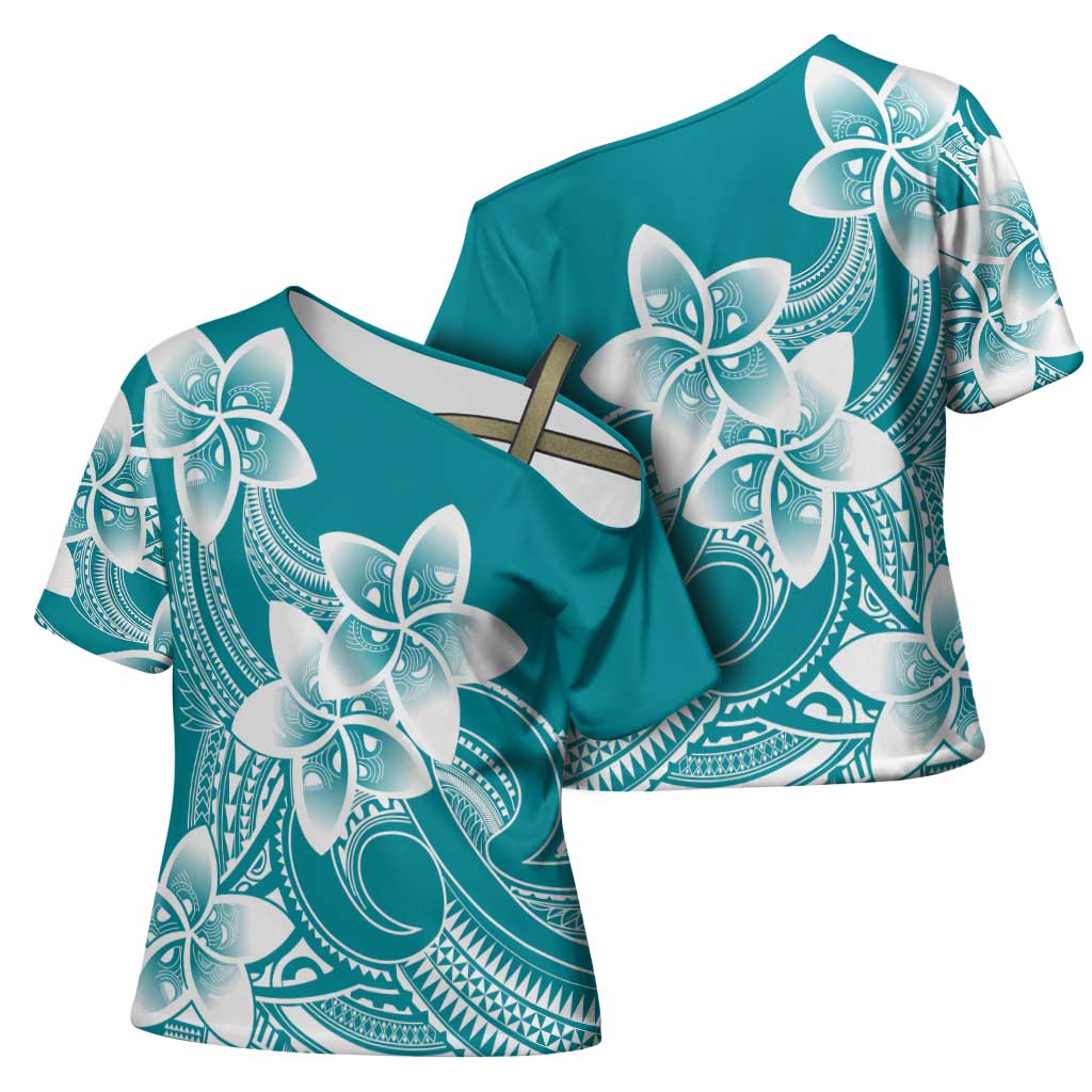 Polynesian Plumeria Flowers Tribal Cross Shoulder Shirt Pacific Tattoo Teal Style - Polynesian Pride