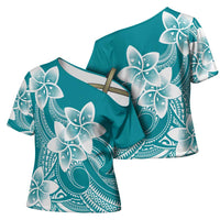 Polynesian Plumeria Flowers Tribal Cross Shoulder Shirt Pacific Tattoo Teal Style - Polynesian Pride