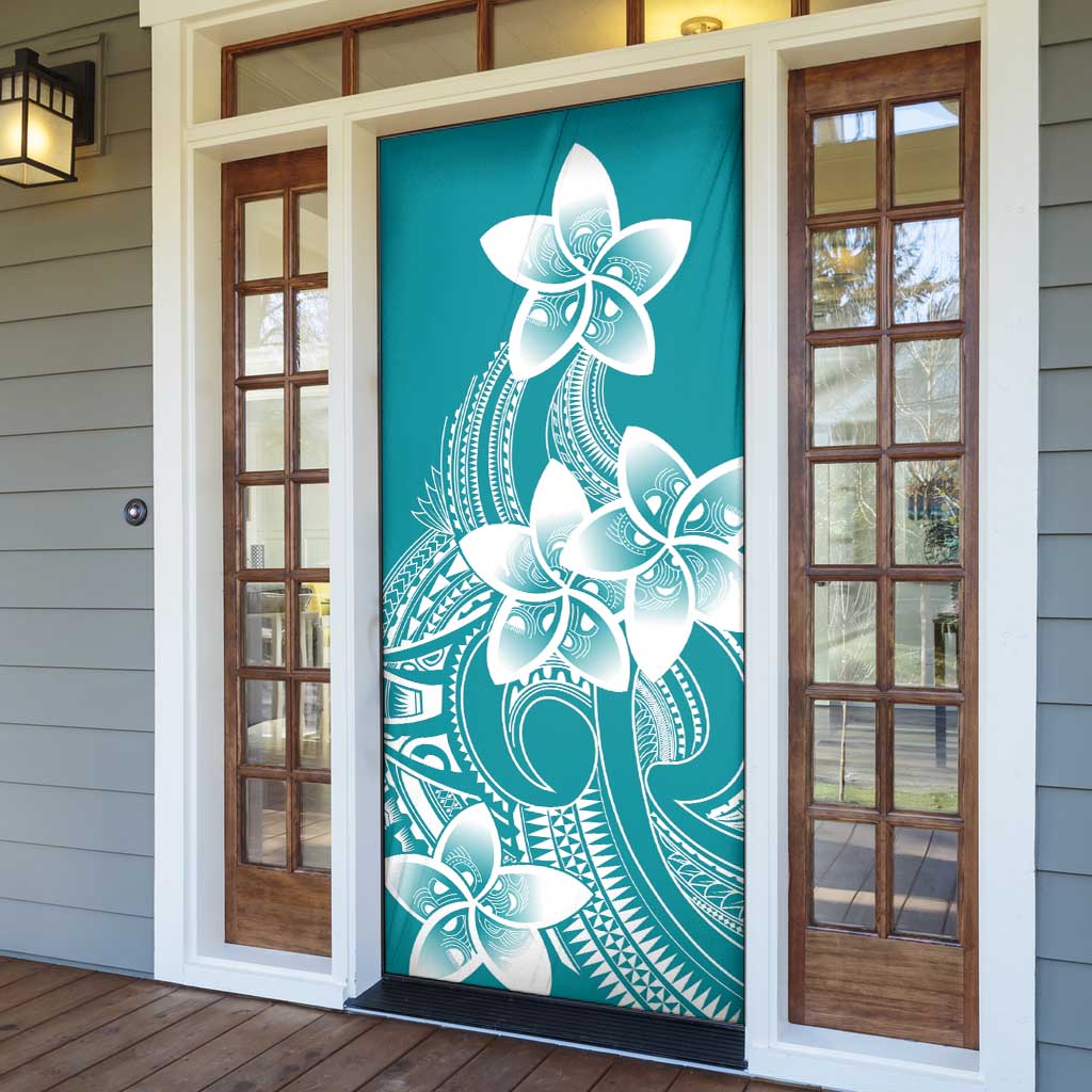 Polynesian Plumeria Flowers Tribal Door Cover Pacific Tattoo Teal Style - Polynesian Pride
