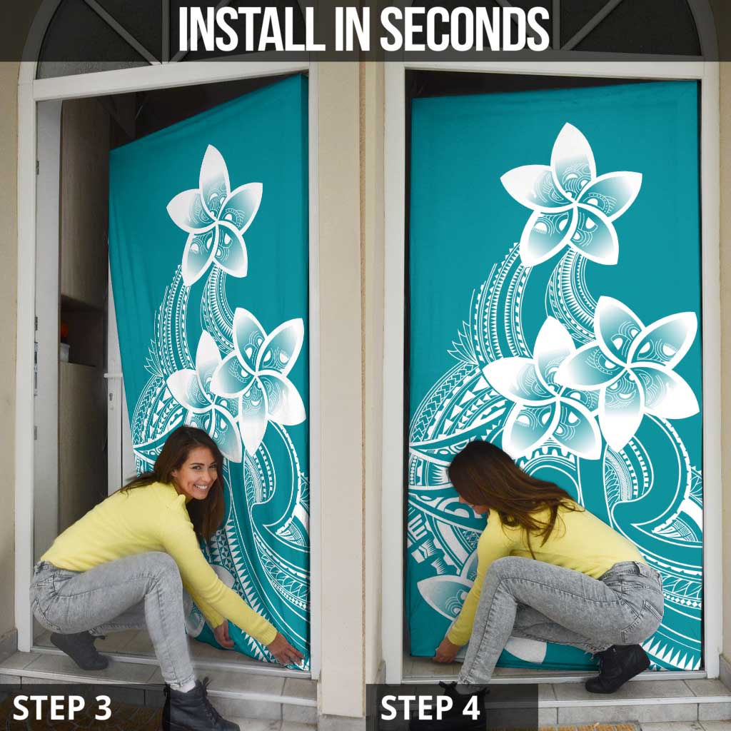 Polynesian Plumeria Flowers Tribal Door Cover Pacific Tattoo Teal Style - Polynesian Pride
