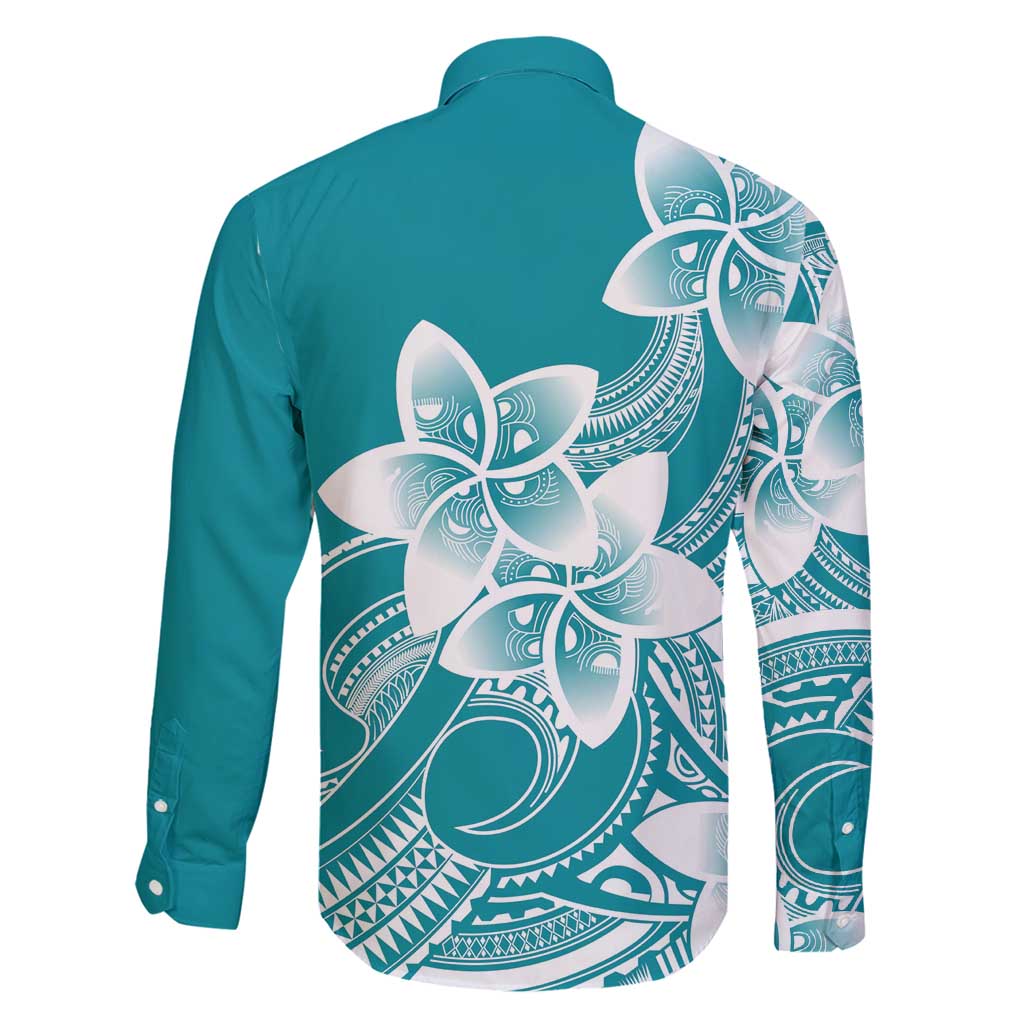Polynesian Plumeria Flowers Tribal Family Matching Long Sleeve Bodycon Dress and Hawaiian Shirt Pacific Tattoo Teal Style - Polynesian Pride