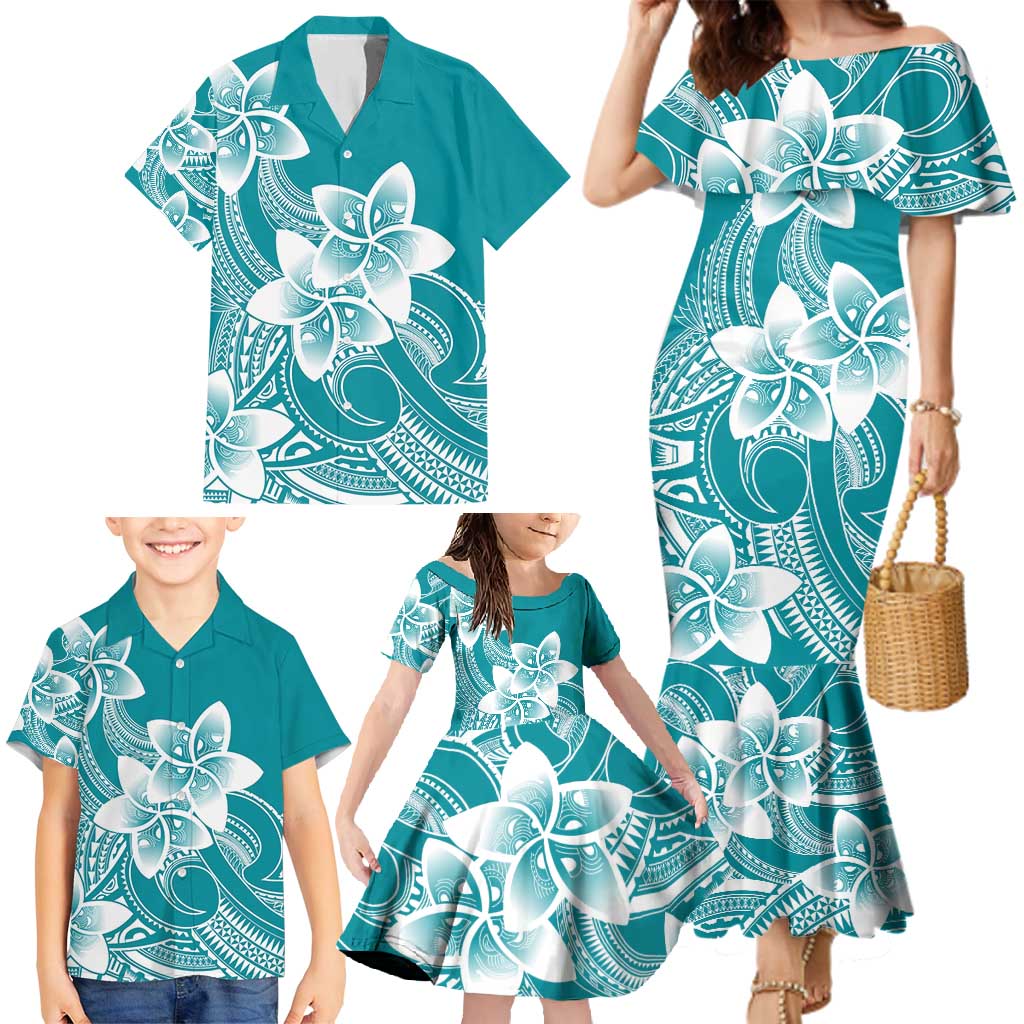 Polynesian Plumeria Flowers Tribal Family Matching Mermaid Dress and Hawaiian Shirt Pacific Tattoo Teal Style - Polynesian Pride
