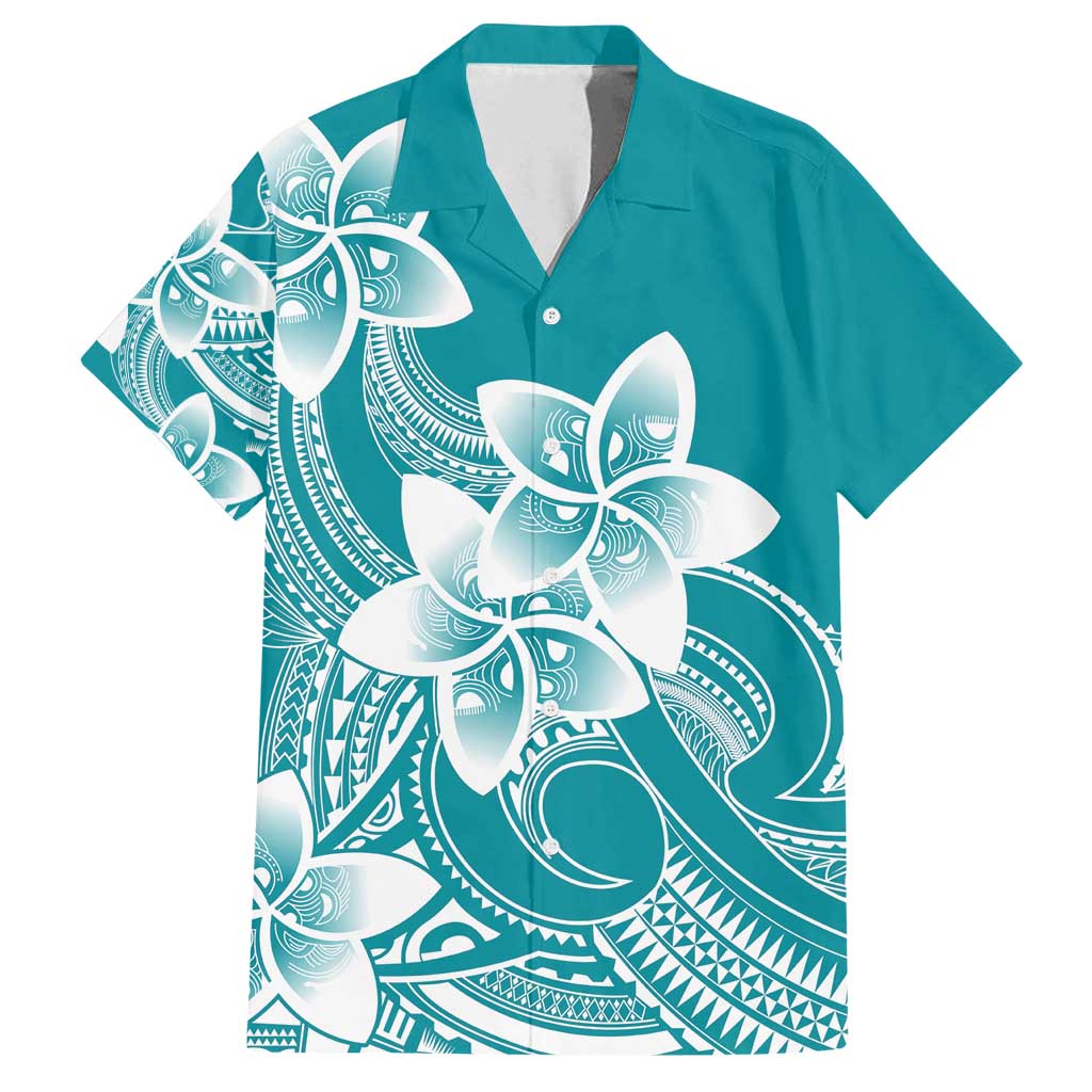 Polynesian Plumeria Flowers Tribal Family Matching Off Shoulder Short Dress and Hawaiian Shirt Pacific Tattoo Teal Style - Polynesian Pride