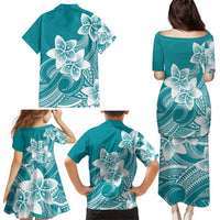 Polynesian Plumeria Flowers Tribal Family Matching Puletasi and Hawaiian Shirt Pacific Tattoo Teal Style - Polynesian Pride