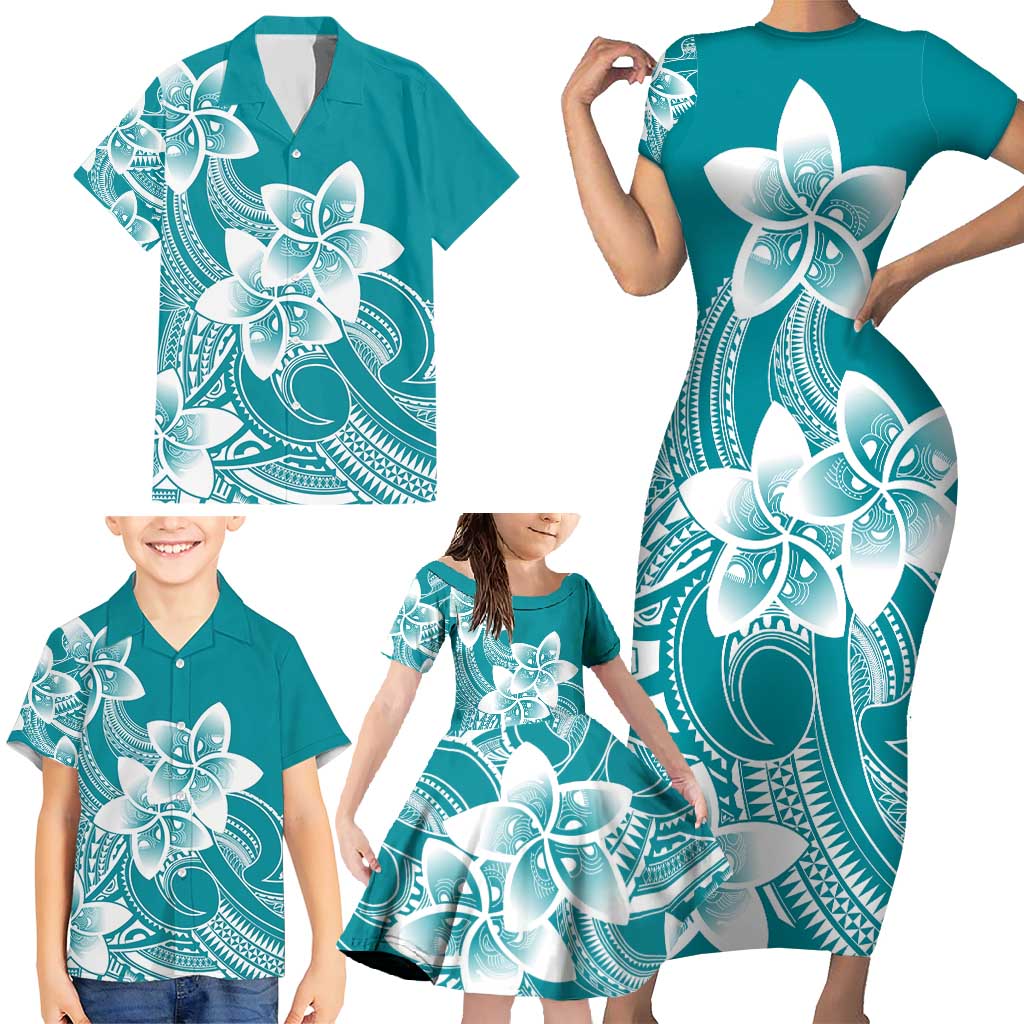 Polynesian Plumeria Flowers Tribal Family Matching Short Sleeve Bodycon Dress and Hawaiian Shirt Pacific Tattoo Teal Style - Polynesian Pride