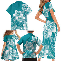 Polynesian Plumeria Flowers Tribal Family Matching Short Sleeve Bodycon Dress and Hawaiian Shirt Pacific Tattoo Teal Style - Polynesian Pride