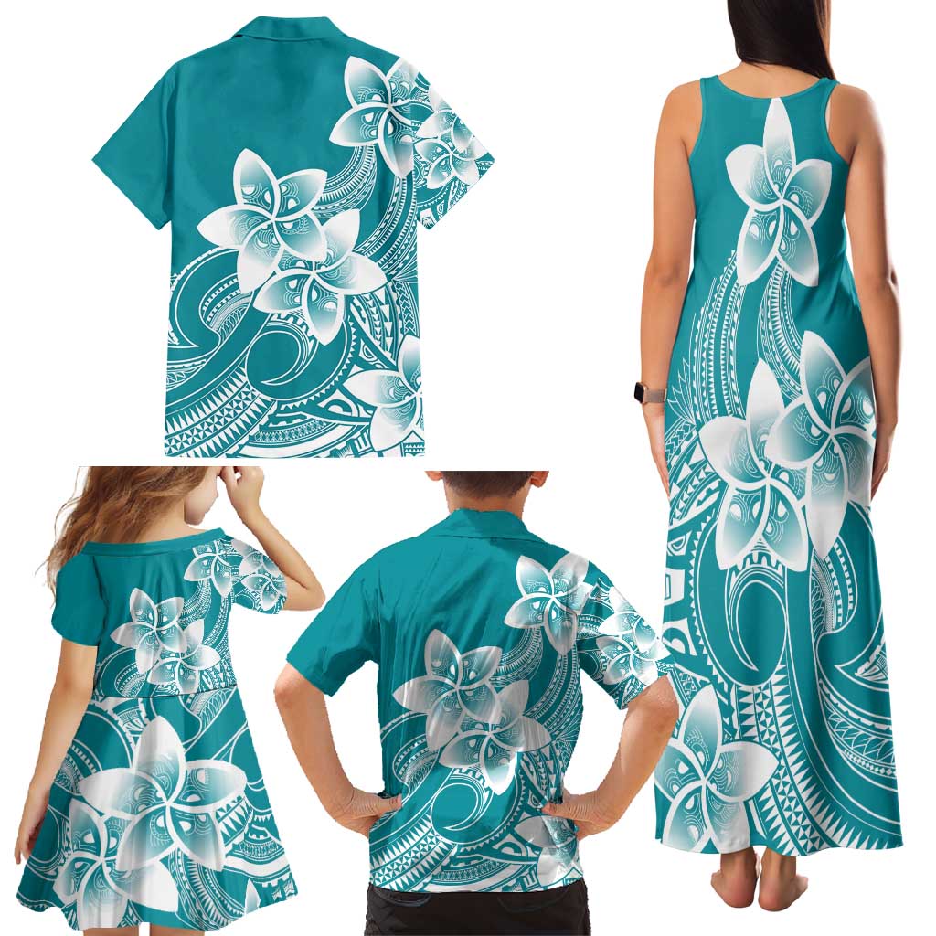 Polynesian Plumeria Flowers Tribal Family Matching Tank Maxi Dress and Hawaiian Shirt Pacific Tattoo Teal Style - Polynesian Pride