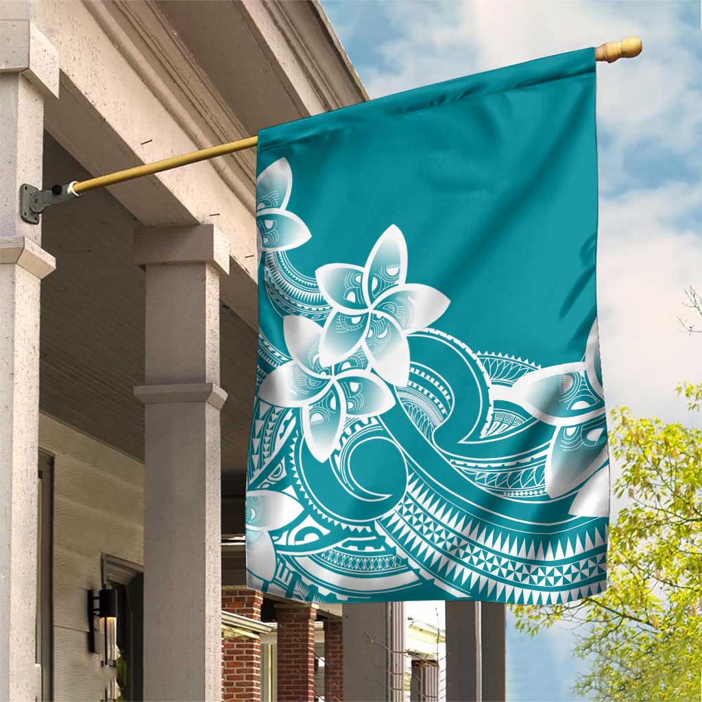 Polynesian Plumeria Flowers Tribal Garden Flag Pacific Tattoo Teal Style - Polynesian Pride