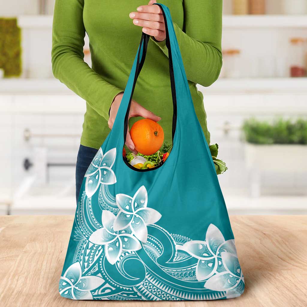 Polynesian Plumeria Flowers Tribal Grocery Bag Pacific Tattoo Teal Style - Polynesian Pride