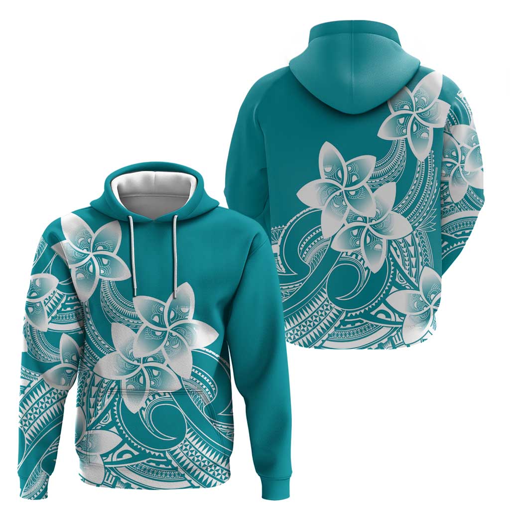 Polynesian Plumeria Flowers Tribal Hoodie Pacific Tattoo Teal Style - Polynesian Pride