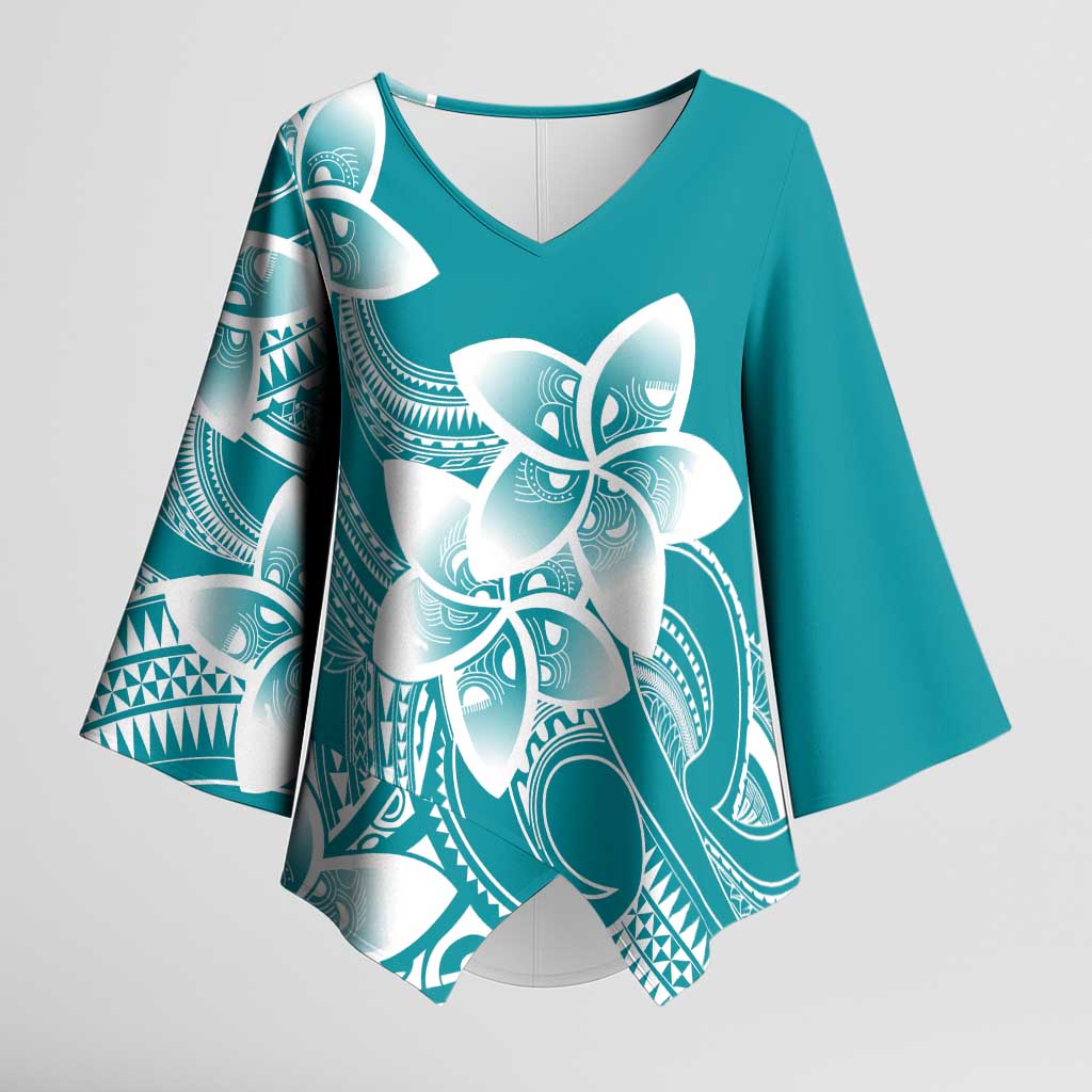 Polynesian Plumeria Flowers Tribal Kimono Sleeve Blouse Pacific Tattoo Teal Style - Polynesian Pride