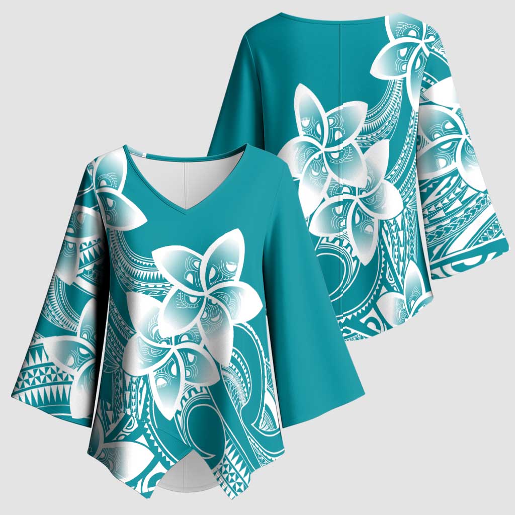 Polynesian Plumeria Flowers Tribal Kimono Sleeve Blouse Pacific Tattoo Teal Style - Polynesian Pride