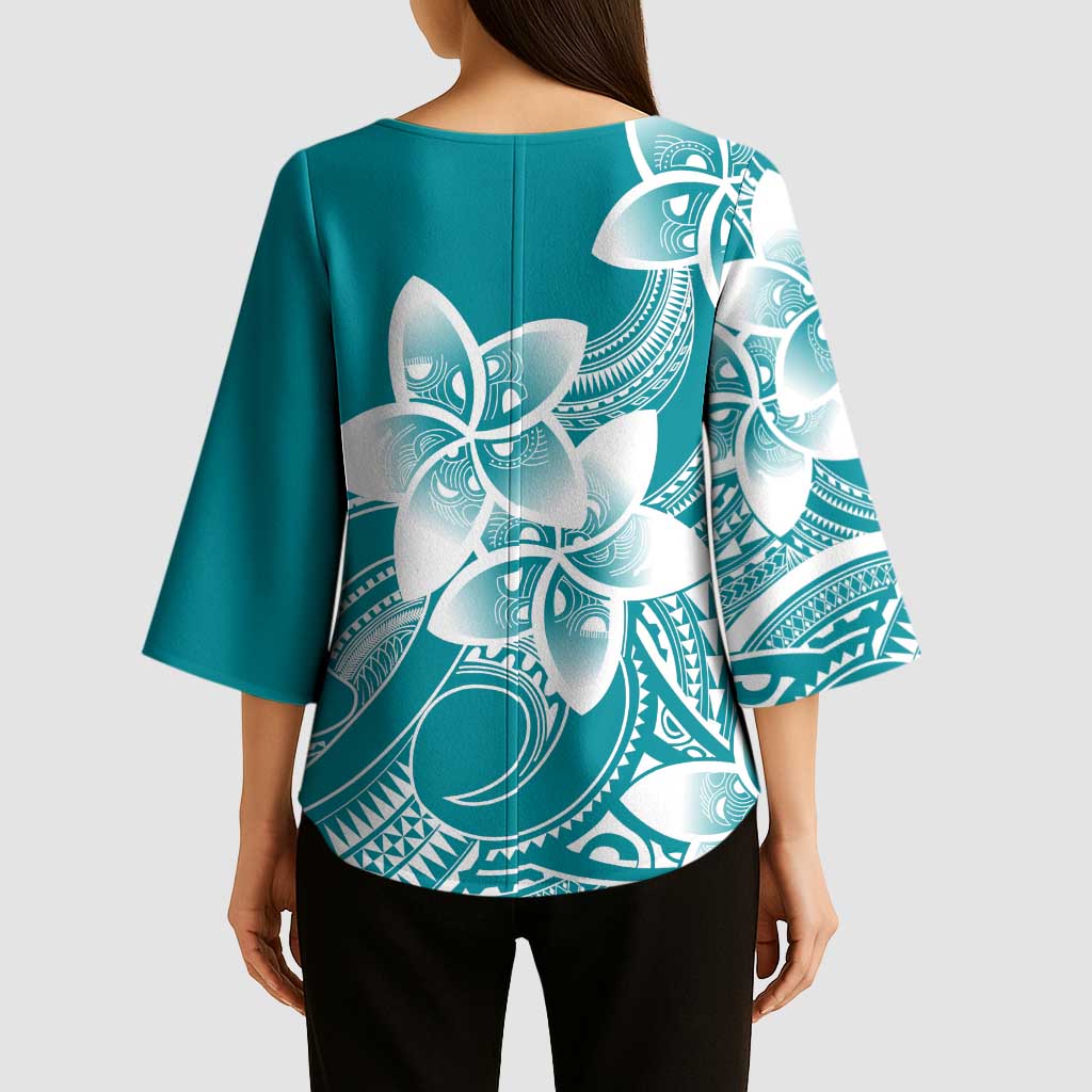 Polynesian Plumeria Flowers Tribal Kimono Sleeve Blouse Pacific Tattoo Teal Style - Polynesian Pride