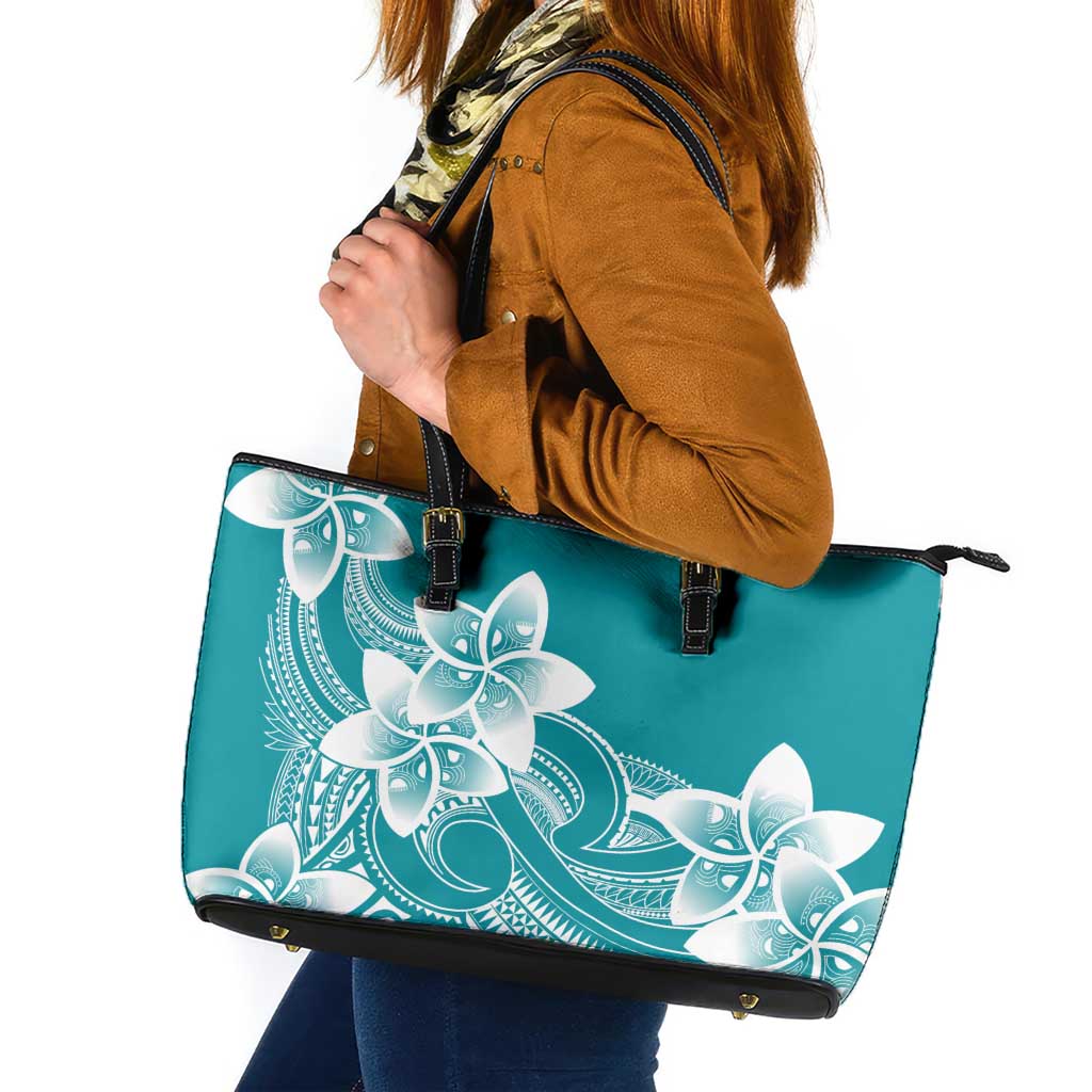 Polynesian Plumeria Flowers Tribal Leather Tote Bag Pacific Tattoo Teal Style - Polynesian Pride