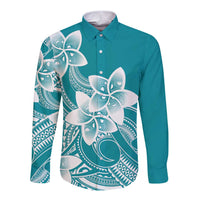 Polynesian Plumeria Flowers Tribal Long Sleeve Button Shirt Pacific Tattoo Teal Style - Polynesian Pride