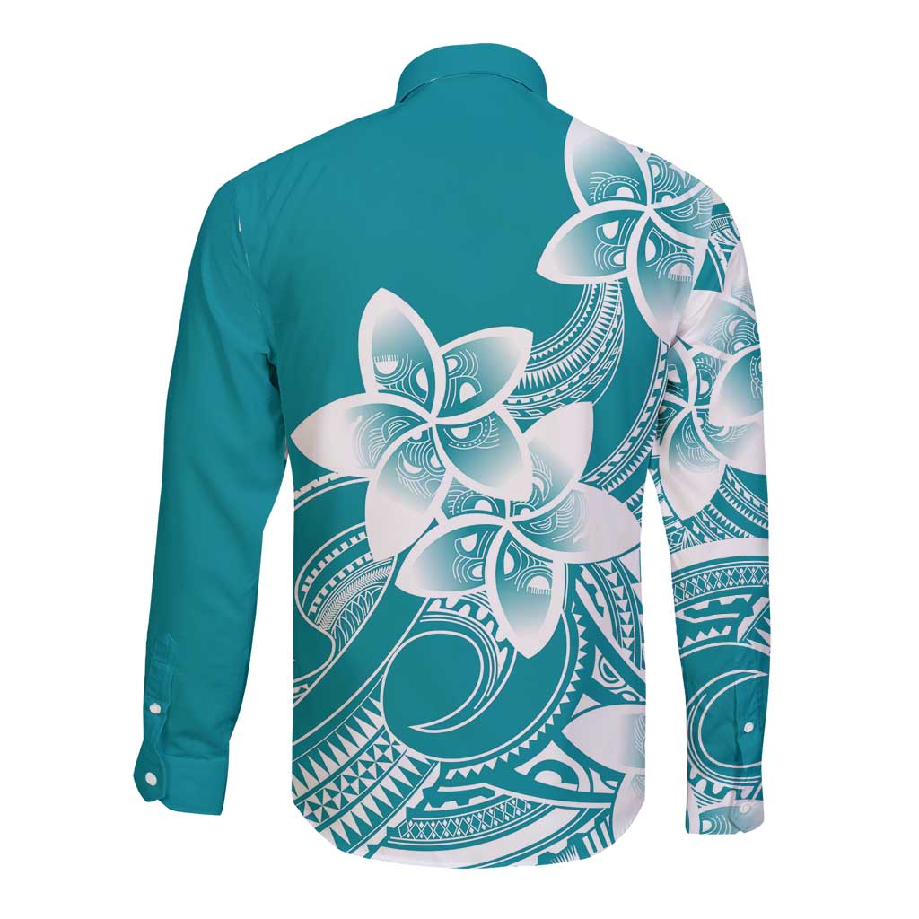 Polynesian Plumeria Flowers Tribal Long Sleeve Button Shirt Pacific Tattoo Teal Style - Polynesian Pride