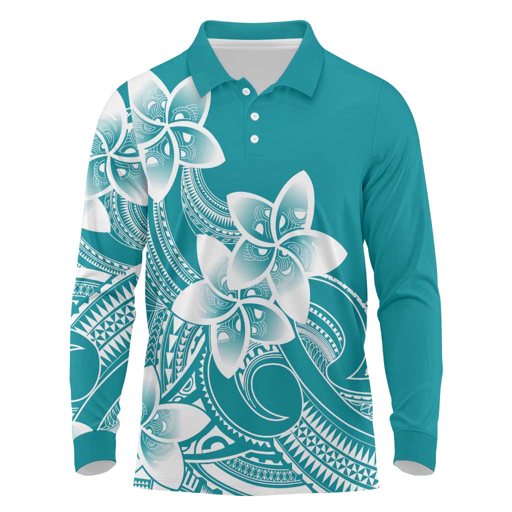 Polynesian Plumeria Flowers Tribal Long Sleeve Polo Shirt Pacific Tattoo Teal Style - Polynesian Pride